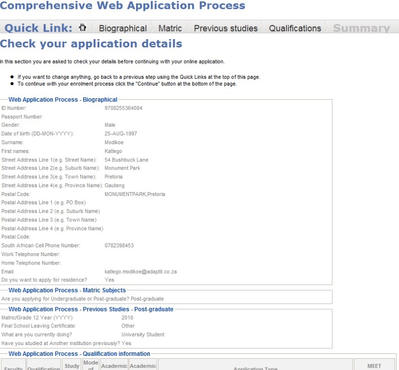 Example of Summary Page