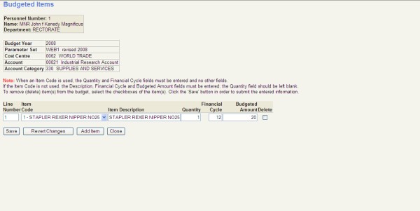 Budgeted Items Budgeted Items Screen