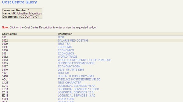 Cost Centre Query Cost Centre Query Screen
