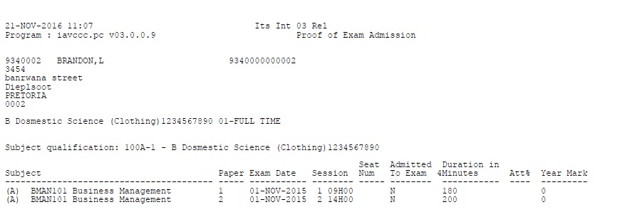 Example of Proof of Exam Admission